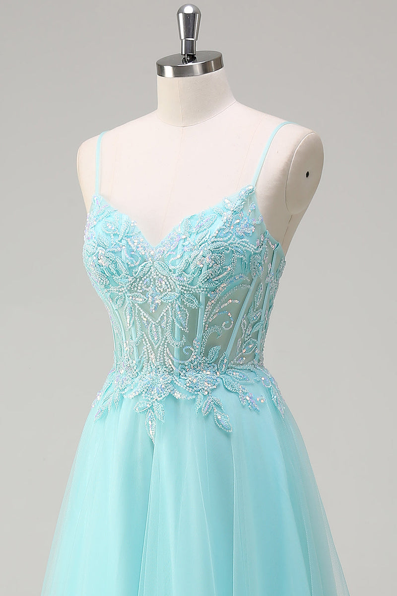 Load image into Gallery viewer, Sky Blue Spaghetti Straps Beaded A-Line Prom Dress with Appliques