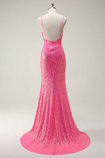 Sparkly Hot Pink Sequin Corset Mermaid Prom Dress with Slit