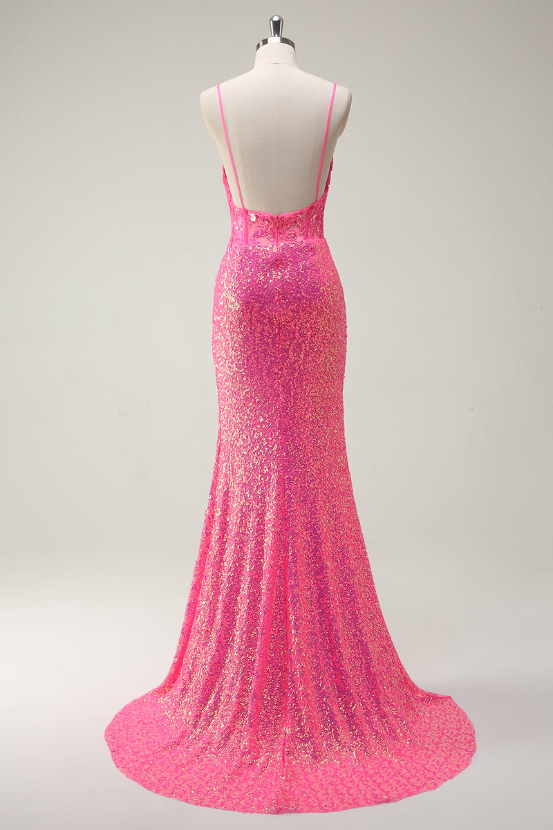 Load image into Gallery viewer, Sparkly Hot Pink Sequin Corset Mermaid Prom Dress with Slit