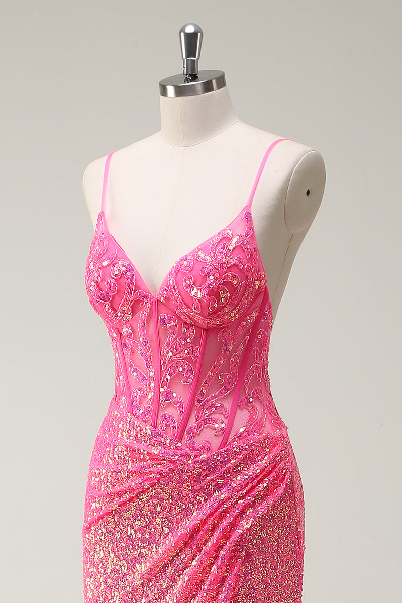 Load image into Gallery viewer, Sparkly Hot Pink Sequin Corset Mermaid Prom Dress with Slit