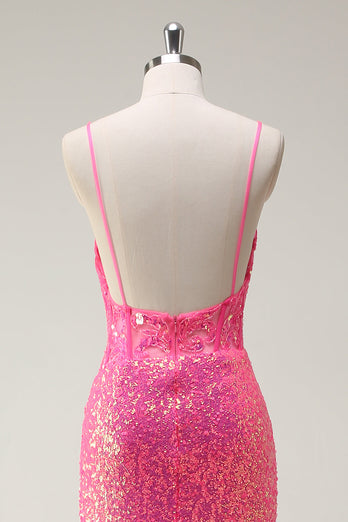 Sparkly Hot Pink Sequin Corset Mermaid Prom Dress with Slit