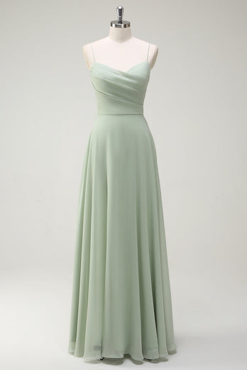 Dusty Sage A Line Chiffon Spaghetti Straps Long Bridesmaid Dress