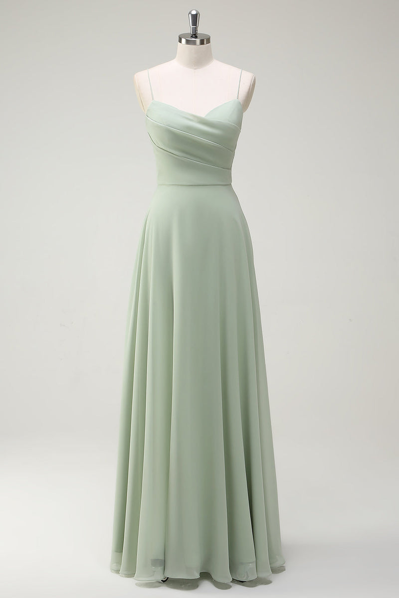 Load image into Gallery viewer, Dusty Sage A Line Chiffon Spaghetti Straps Long Bridesmaid Dress