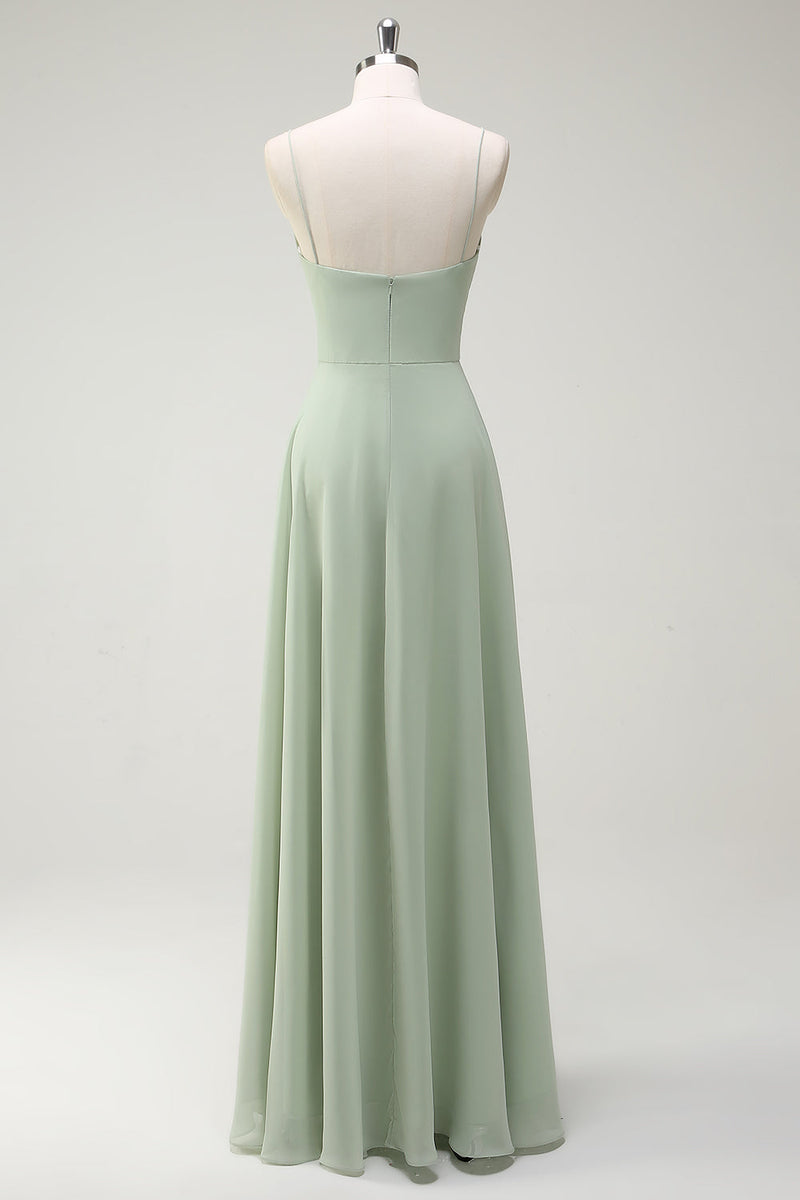 Load image into Gallery viewer, Dusty Sage A Line Chiffon Spaghetti Straps Long Bridesmaid Dress