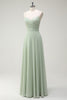 Load image into Gallery viewer, Dusty Sage A Line Chiffon Spaghetti Straps Long Bridesmaid Dress