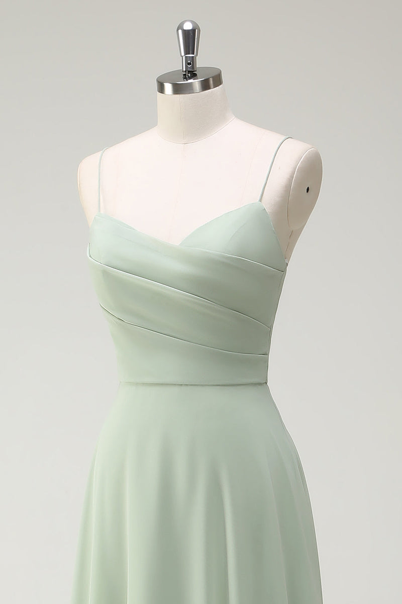 Load image into Gallery viewer, Dusty Sage A Line Chiffon Spaghetti Straps Long Bridesmaid Dress