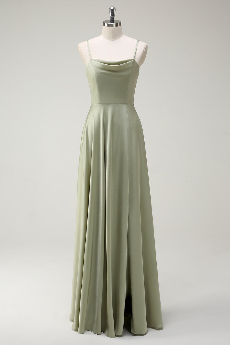 Load image into Gallery viewer, Dusty Sage A Line Satin Spaghetti Straps Long Bridesmaid Dress