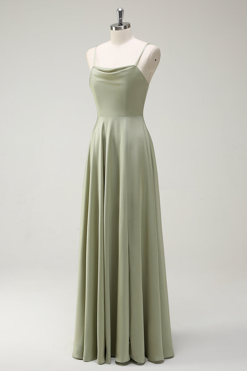 Load image into Gallery viewer, Dusty Sage A Line Satin Spaghetti Straps Long Bridesmaid Dress