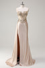 Load image into Gallery viewer, Champagne Strapless Mermaid Satin Side Cape Prom Dress with Sequins