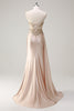 Load image into Gallery viewer, Champagne Strapless Mermaid Satin Side Cape Prom Dress with Sequins