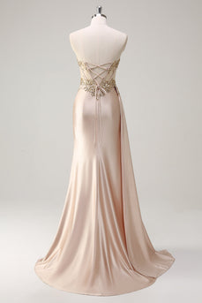 Champagne Strapless Mermaid Satin Side Cape Prom Dress with Sequins