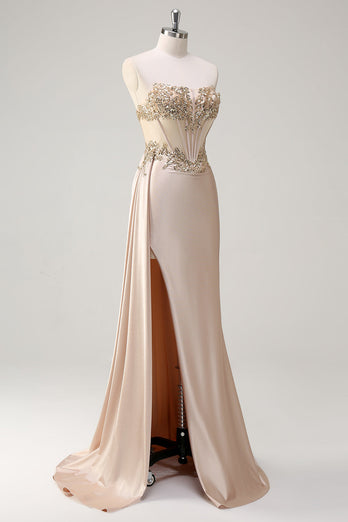 Champagne Strapless Mermaid Satin Side Cape Prom Dress with Sequins