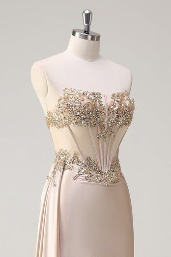 Champagne Strapless Mermaid Satin Side Cape Prom Dress with Sequins