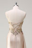 Load image into Gallery viewer, Champagne Strapless Mermaid Satin Side Cape Prom Dress with Sequins