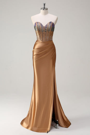 Brown Sweetheart Beaded Mermaid Satin Prom Dress with Slit