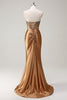 Load image into Gallery viewer, Brown Sweetheart Beaded Mermaid Satin Prom Dress with Slit