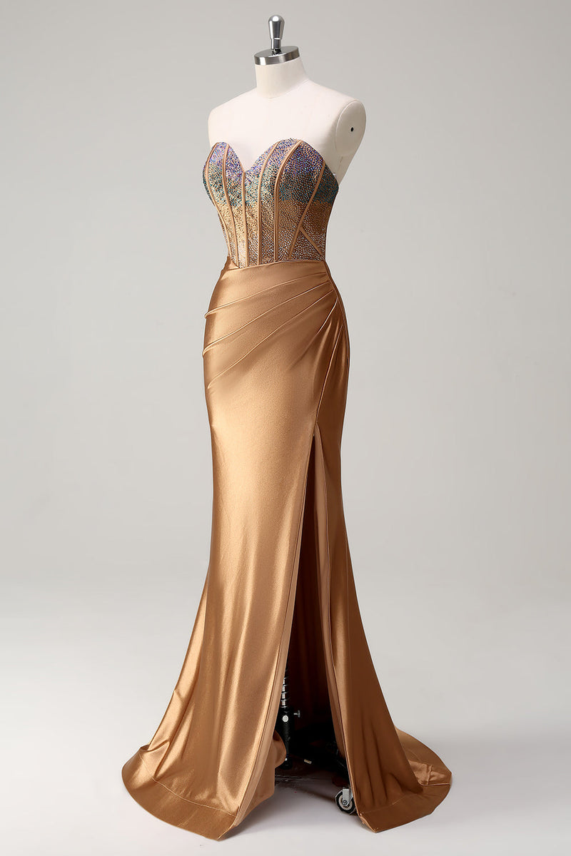 Load image into Gallery viewer, Brown Sweetheart Beaded Mermaid Satin Prom Dress with Slit