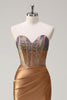 Load image into Gallery viewer, Brown Sweetheart Beaded Mermaid Satin Prom Dress with Slit