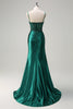 Load image into Gallery viewer, Dark Green Mermaid Spaghetti Straps Corset Beaded Prom Dress with Slit