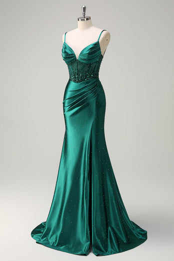 Dark Green Mermaid Spaghetti Straps Corset Beaded Prom Dress with Slit