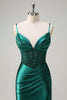 Load image into Gallery viewer, Dark Green Mermaid Spaghetti Straps Corset Beaded Prom Dress with Slit