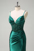 Load image into Gallery viewer, Dark Green Mermaid Spaghetti Straps Corset Beaded Prom Dress with Slit