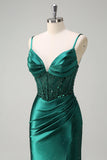 Dark Green Mermaid Spaghetti Straps Corset Beaded Prom Dress with Slit