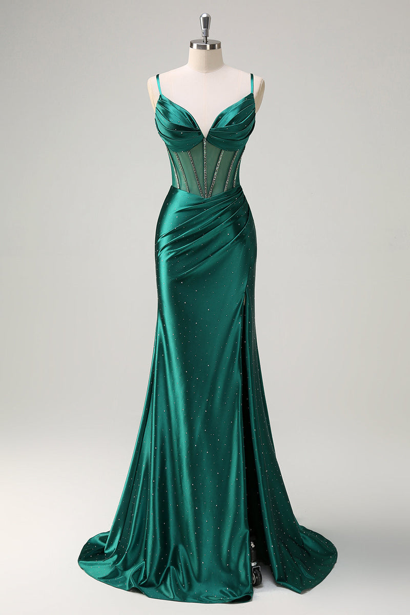 Load image into Gallery viewer, Dark Green Mermaid Spaghetti Straps Corset Beaded Long Prom Dress with Slit