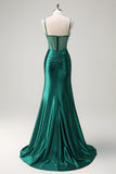 Dark Green Mermaid Spaghetti Straps Corset Beaded Long Prom Dress with Slit