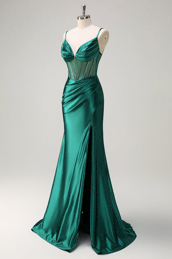 Dark Green Mermaid Spaghetti Straps Corset Beaded Long Prom Dress with Slit