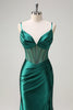 Load image into Gallery viewer, Dark Green Mermaid Spaghetti Straps Corset Beaded Long Prom Dress with Slit