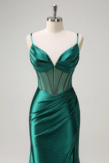 Dark Green Mermaid Spaghetti Straps Corset Beaded Long Prom Dress with Slit