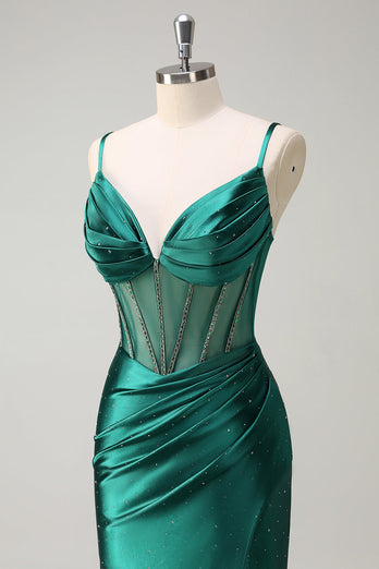 Dark Green Mermaid Spaghetti Straps Corset Beaded Long Prom Dress with Slit