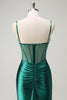 Load image into Gallery viewer, Dark Green Mermaid Spaghetti Straps Corset Beaded Long Prom Dress with Slit