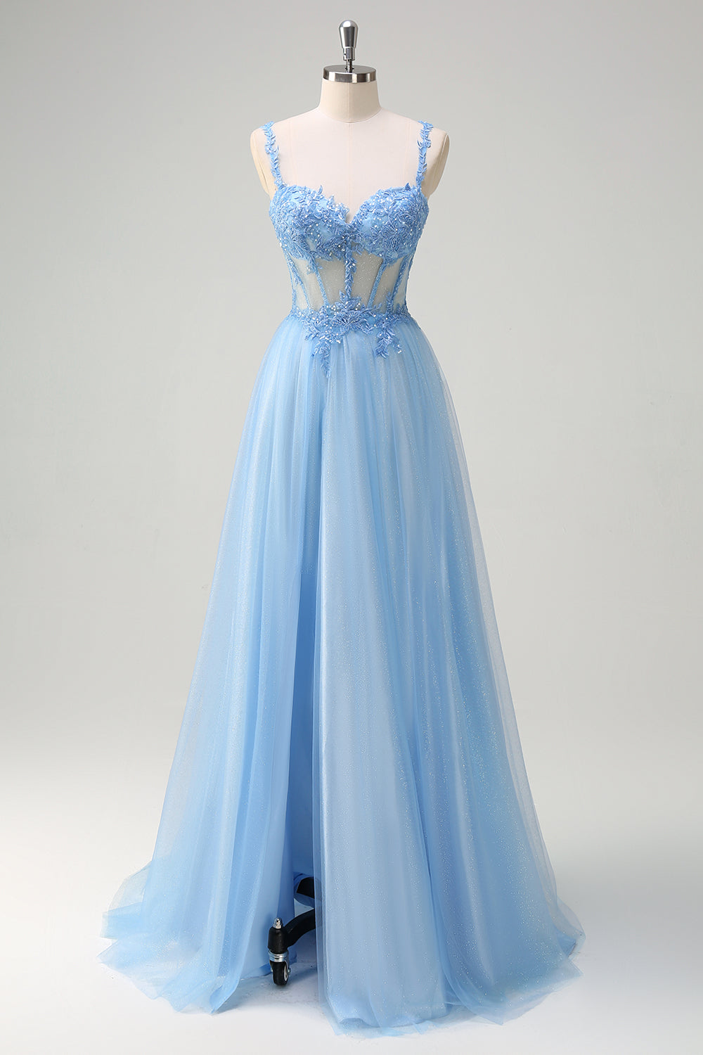 Glitter Blue A-Line Sheer Corset Lace Up Back Long Prom Dress with Slit