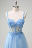 Glitter Blue A-Line Sheer Corset Lace Up Back Long Prom Dress with Slit