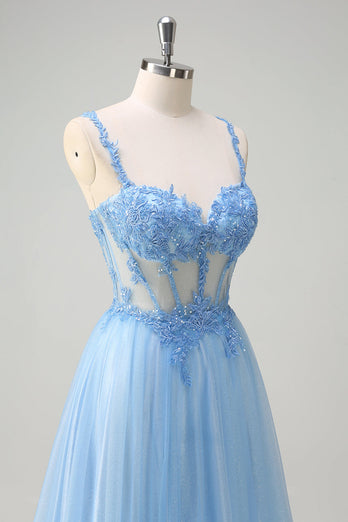 Glitter Blue A-Line Sheer Corset Lace Up Back Long Prom Dress with Slit