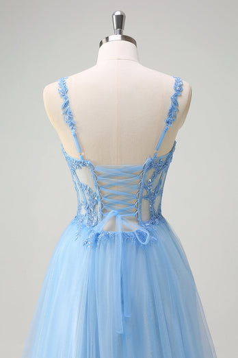 Glitter Blue A-Line Sheer Corset Lace Up Back Long Prom Dress with Slit