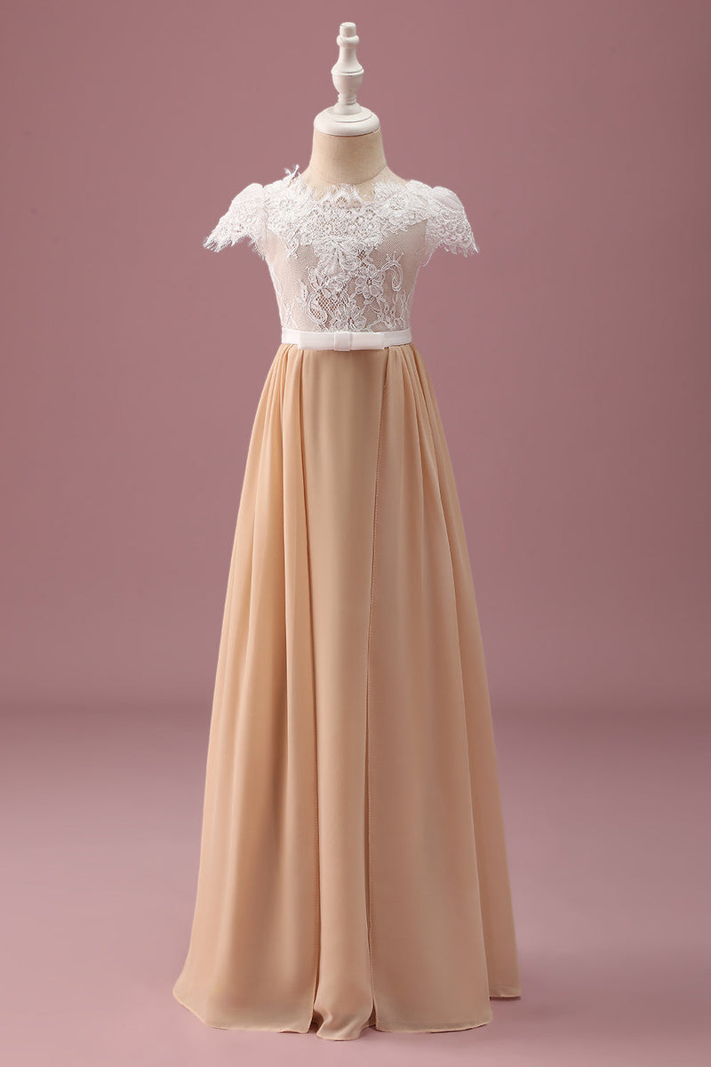 Load image into Gallery viewer, Champagne A Line Lace Junior Bridesmaid Dress With Short Sleeves