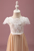 Load image into Gallery viewer, Champagne A Line Lace Junior Bridesmaid Dress With Short Sleeves