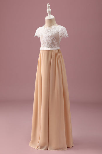 Champagne A Line Lace Junior Bridesmaid Dress With Short Sleeves