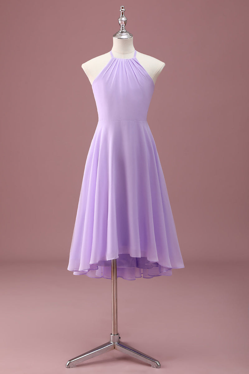 Load image into Gallery viewer, Lilac A Line Halter Ruched Junior Bridesmaid Dress