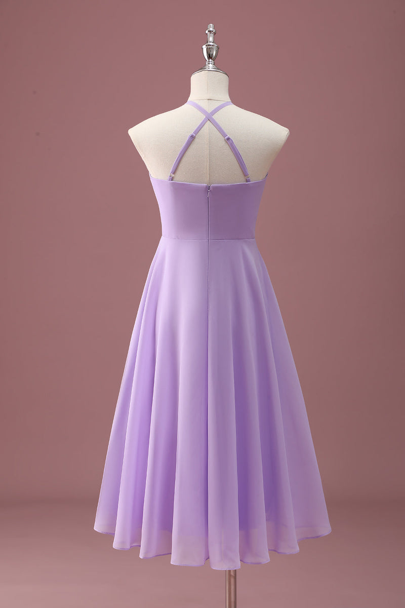 Load image into Gallery viewer, Lilac A Line Halter Ruched Junior Bridesmaid Dress