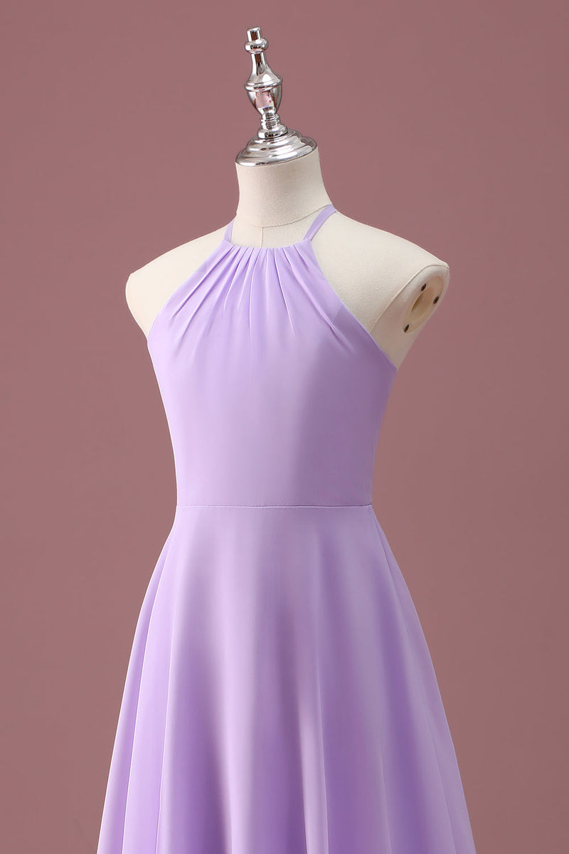 Load image into Gallery viewer, Lilac A Line Halter Ruched Junior Bridesmaid Dress