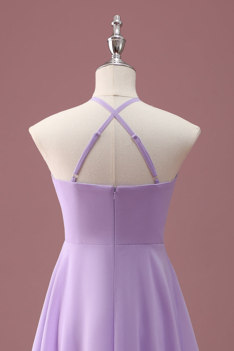 Load image into Gallery viewer, Lilac A Line Halter Ruched Junior Bridesmaid Dress