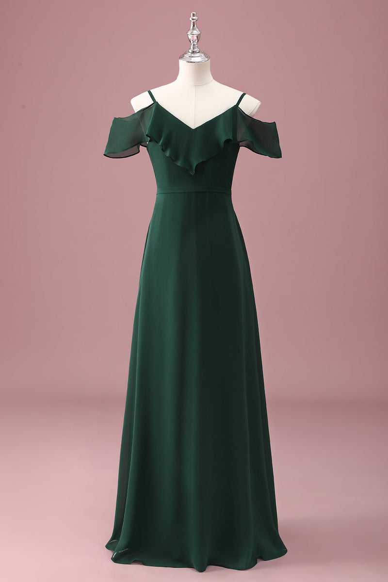 Load image into Gallery viewer, Dark Green A Line Off The Shoulder Ruffles Junior Bridesmaid Dress