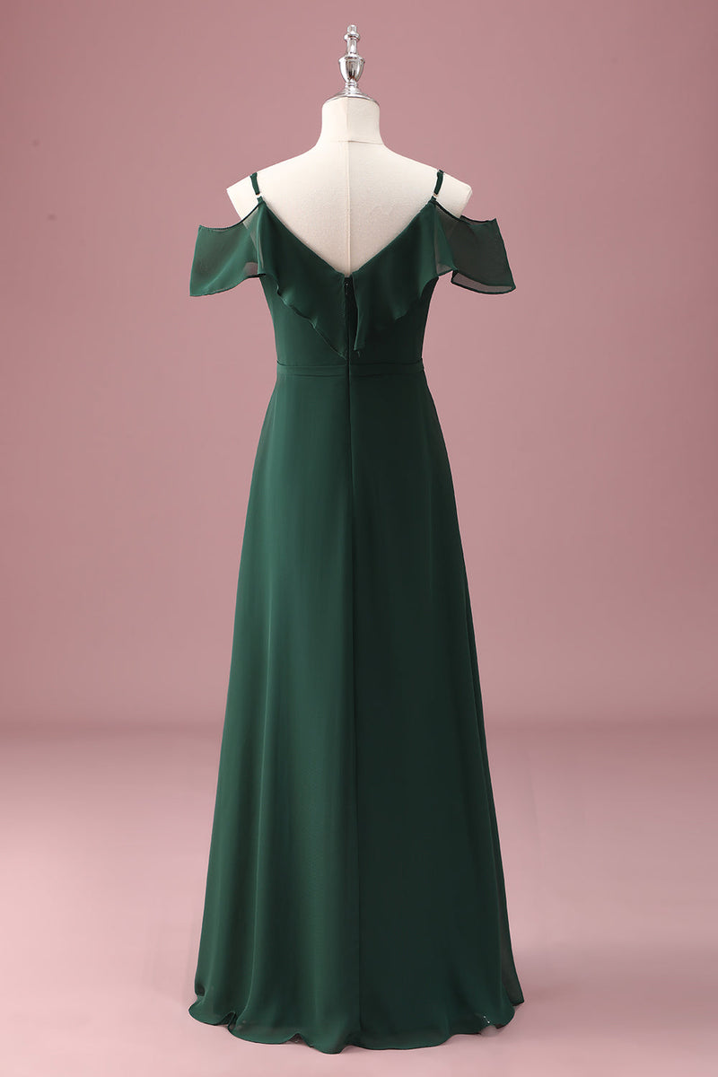 Load image into Gallery viewer, Dark Green A Line Off The Shoulder Ruffles Junior Bridesmaid Dress