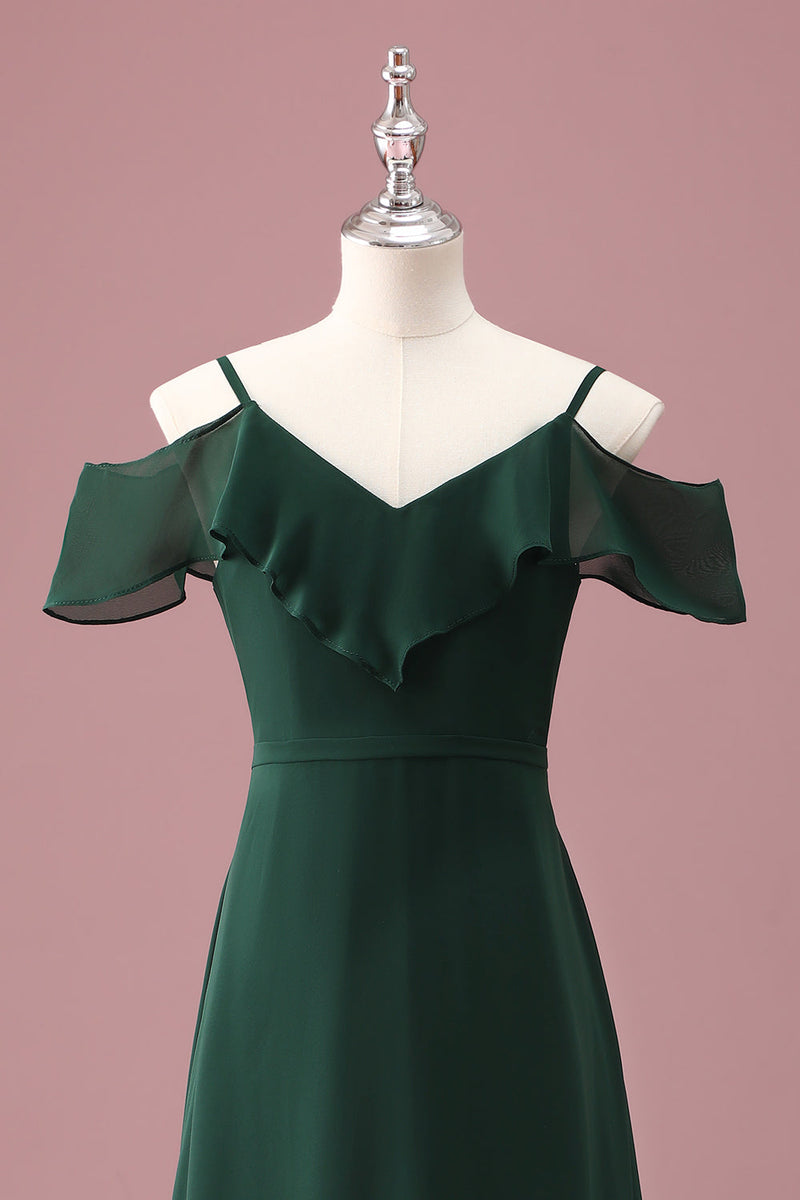 Load image into Gallery viewer, Dark Green A Line Off The Shoulder Ruffles Junior Bridesmaid Dress