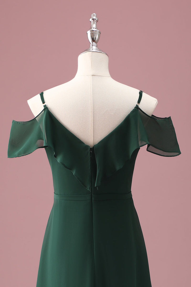 Load image into Gallery viewer, Dark Green A Line Off The Shoulder Ruffles Junior Bridesmaid Dress