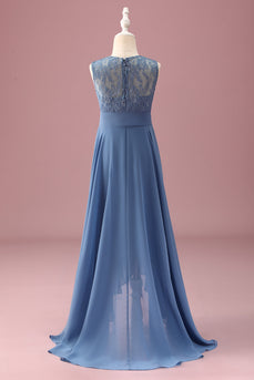 Dusty Blue A Line Lace Chiffon Ruffles Junior Bridesmaid Dress With Belt